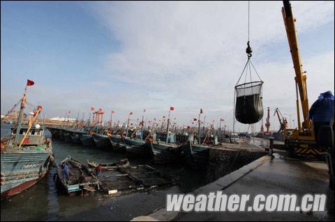 山东青岛积米崖渔港渔船停靠在渔港避风,渔民在整理渔具。(俞方平 摄) 山东青岛积米崖渔港渔船停靠在渔港避风,渔民在整理渔具。(俞方平 摄)